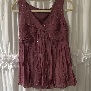 Beaded and sequin Sleeveless V-Neck Crinkled Tank Top - Rose Mauve